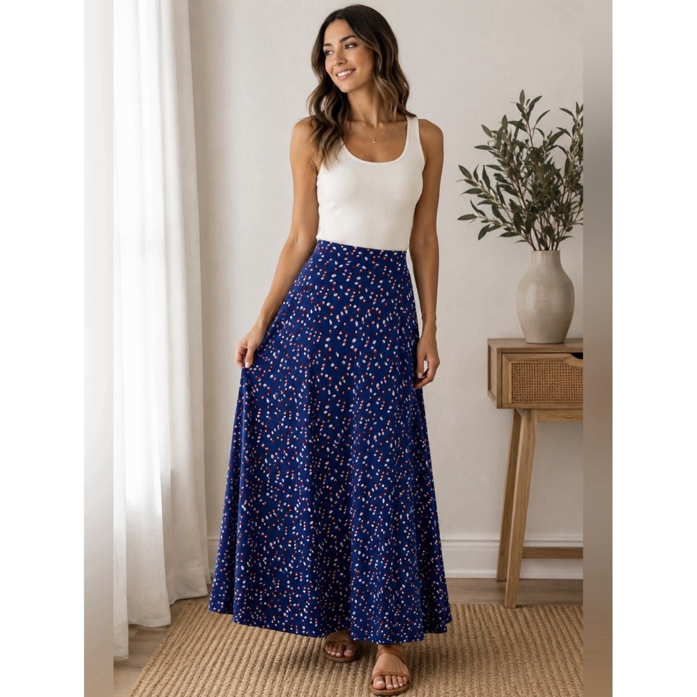 Lularoe Navy Printed Maxi Skirt Red White Boho Flowy A Line Medium Casual Preppy